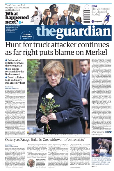 The Guardian Newspaper Front Page for 21 December 2016