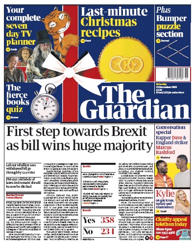 The Guardian Newspaper Front Page for 21 December 2019