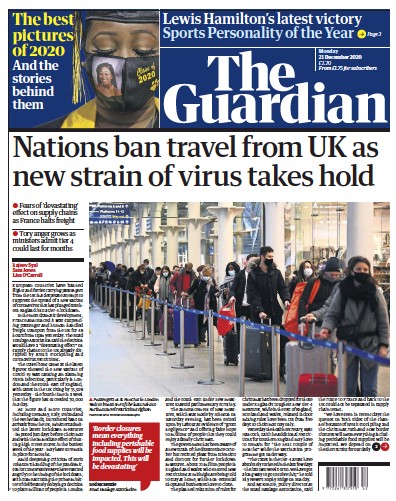 The Guardian Newspaper Front Page for 21 December 2020