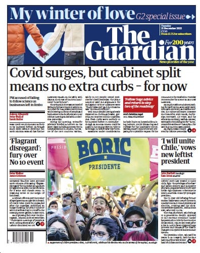 The Guardian (UK) Newspaper Front Page for 21 December 2021