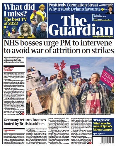 The Guardian Newspaper Front Page for 21 December 2022