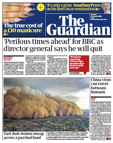 The Guardian Newspaper Front Page for 21 January 2020