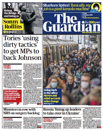 The Guardian (UK) Newspaper Front Page for 21 January 2022