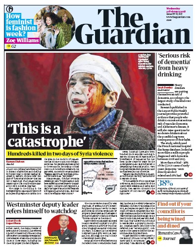 The Guardian Newspaper Front Page for 21 February 2018