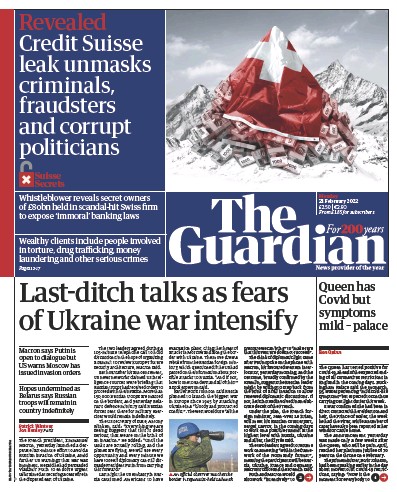 The Guardian (UK) Newspaper Front Page for 21 February 2022