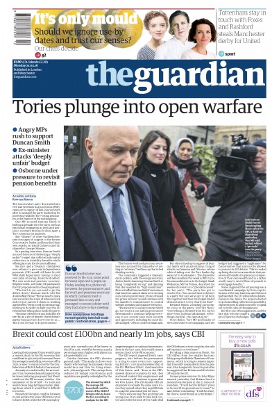 The Guardian Newspaper Front Page for 21 March 2016