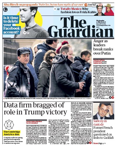 The Guardian Newspaper Front Page for 21 March 2018