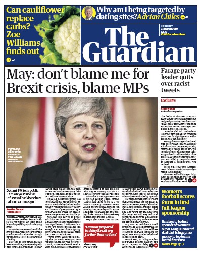 The Guardian Newspaper Front Page for 21 March 2019