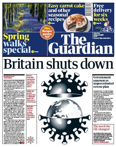 The Guardian Newspaper Front Page for 21 March 2020