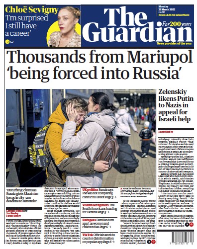 The Guardian Newspaper Front Page for 21 March 2022