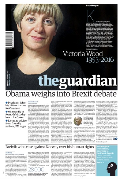 The Guardian Newspaper Front Page for 21 April 2016