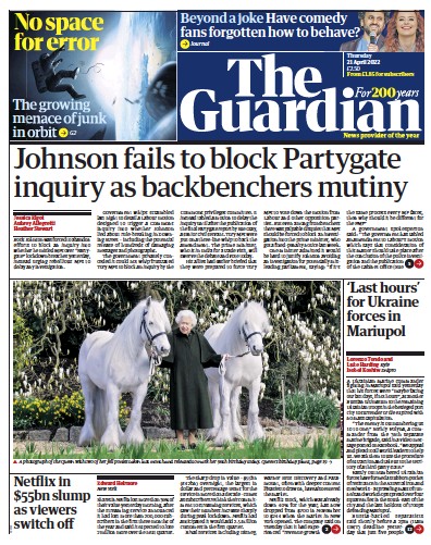The Guardian Newspaper Front Page for 21 April 2022
