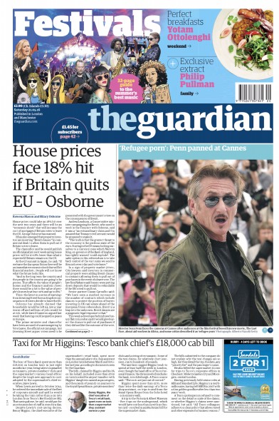 The Guardian Newspaper Front Page for 21 May 2016