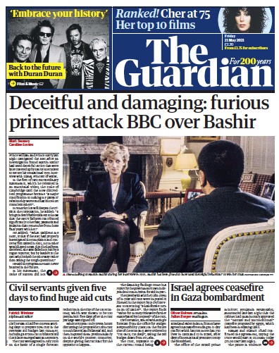 The Guardian Newspaper Front Page for 21 May 2021