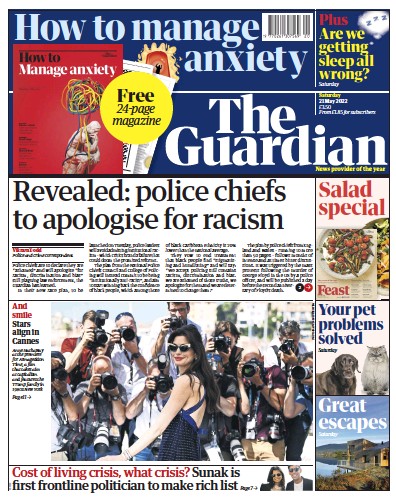 The Guardian (UK) Newspaper Front Page for 21 May 2022