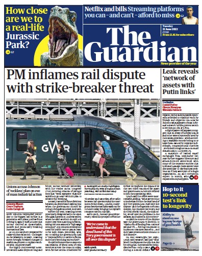 The Guardian (UK) Newspaper Front Page for 21 June 2022