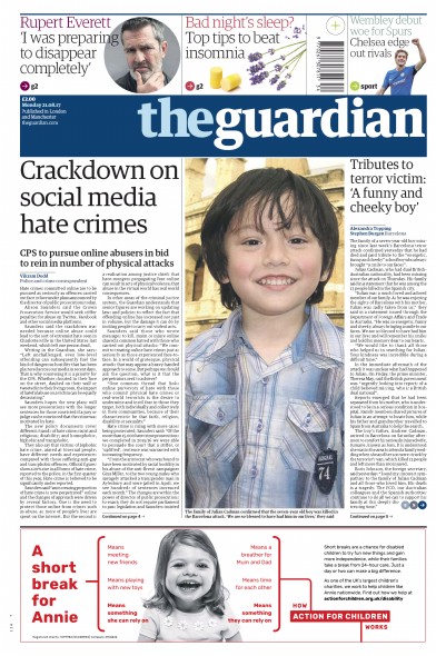 The Guardian (UK) Newspaper Front Page for 21 August 2017
