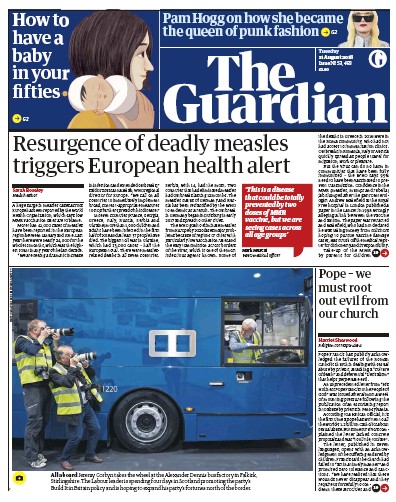 The Guardian Newspaper Front Page for 21 August 2018
