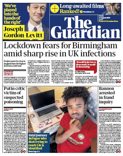 The Guardian Newspaper Front Page for 21 August 2020