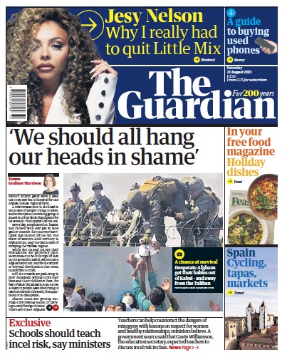 The Guardian (UK) Newspaper Front Page for 21 August 2021