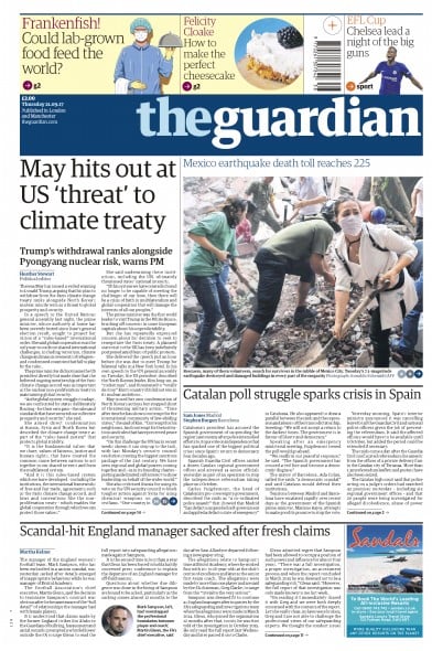 The Guardian Newspaper Front Page for 21 September 2017