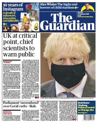 The Guardian Newspaper Front Page for 21 September 2020