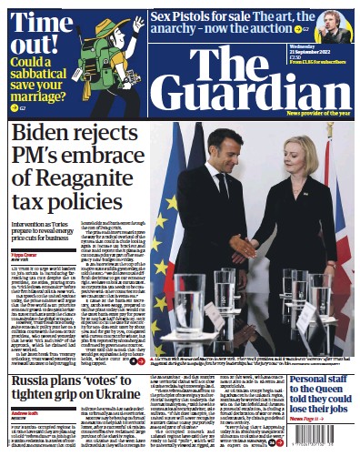 The Guardian (UK) Newspaper Front Page for 21 September 2022