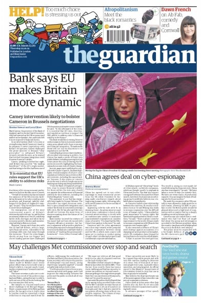 The Guardian (UK) Newspaper Front Page for 22 October 2015