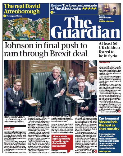 The Guardian (UK) Newspaper Front Page for 22 October 2019
