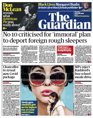 The Guardian Newspaper Front Page for 22 October 2020