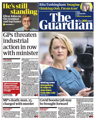 The Guardian (UK) Newspaper Front Page for 22 October 2021