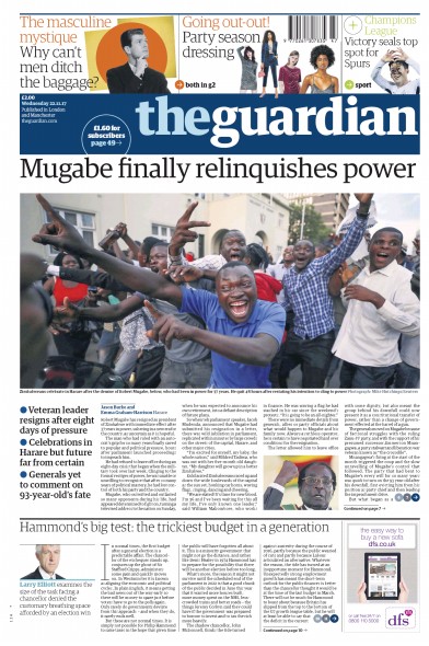 The Guardian Newspaper Front Page for 22 November 2017
