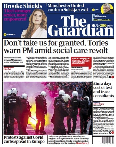 The Guardian (UK) Newspaper Front Page for 22 November 2021