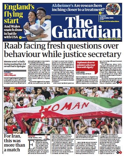 The Guardian (UK) Newspaper Front Page for 22 November 2022