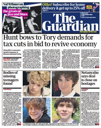 The Guardian (UK) Newspaper Front Page for 22 November 2023