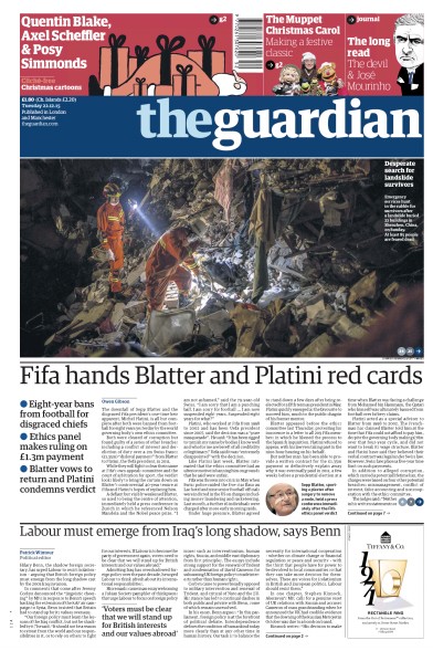 The Guardian Newspaper Front Page for 22 December 2015