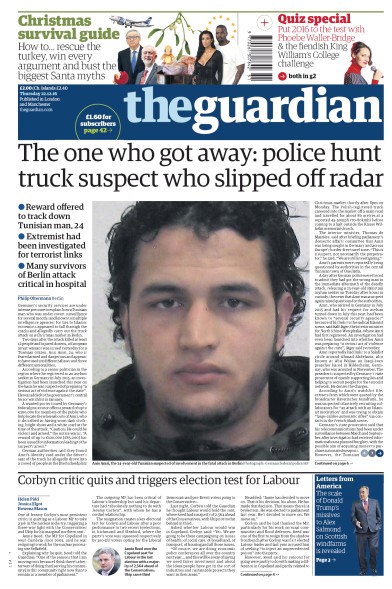 The Guardian (UK) Newspaper Front Page for 22 December 2016