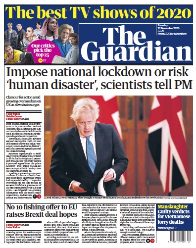 The Guardian Newspaper Front Page for 22 December 2020