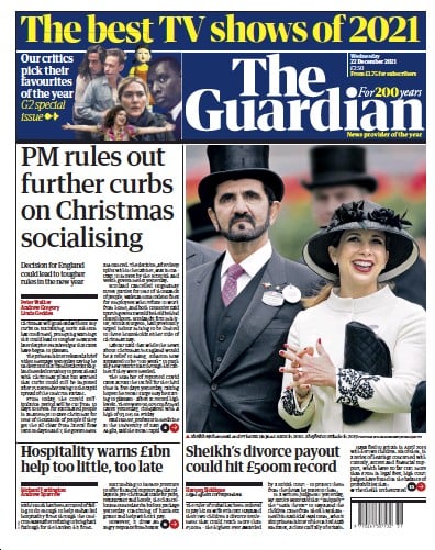 The Guardian (UK) Newspaper Front Page for 22 December 2021