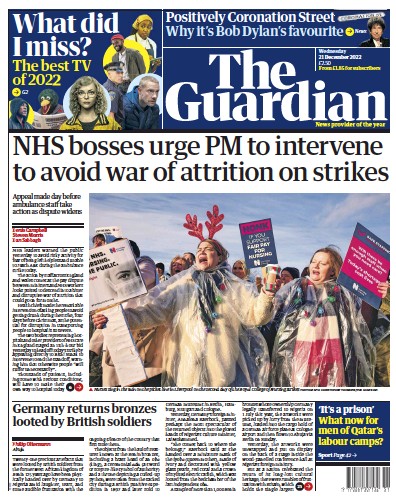 The Guardian (UK) Newspaper Front Page for 22 December 2022
