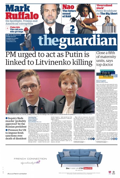 The Guardian Newspaper Front Page for 22 January 2016
