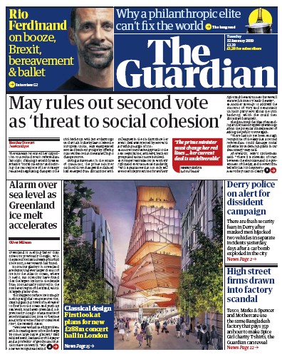 The Guardian Newspaper Front Page for 22 January 2019