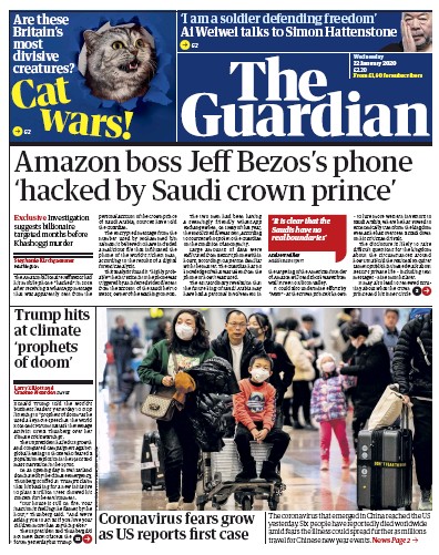 The Guardian Newspaper Front Page for 22 January 2020