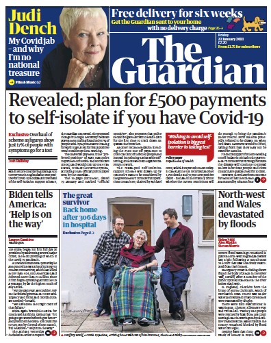 The Guardian (UK) Newspaper Front Page for 22 January 2021