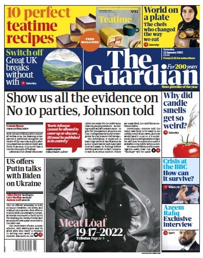 The Guardian (UK) Newspaper Front Page for 22 January 2022