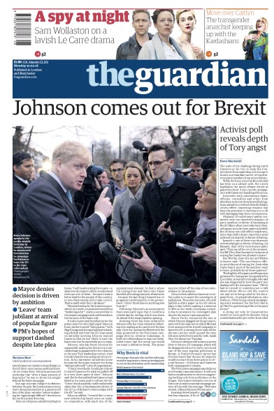 The Guardian Newspaper Front Page for 22 February 2016