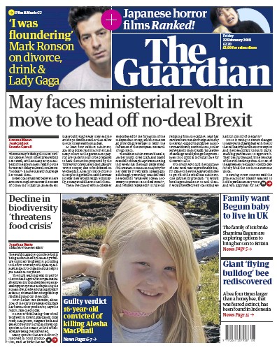 The Guardian Newspaper Front Page for 22 February 2019