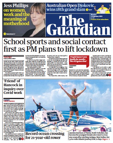 The Guardian Newspaper Front Page for 22 February 2021