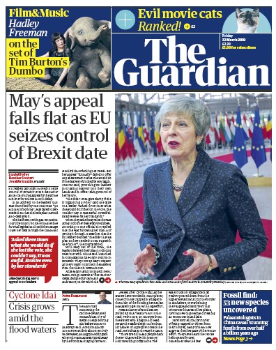 The Guardian Newspaper Front Page for 22 March 2019