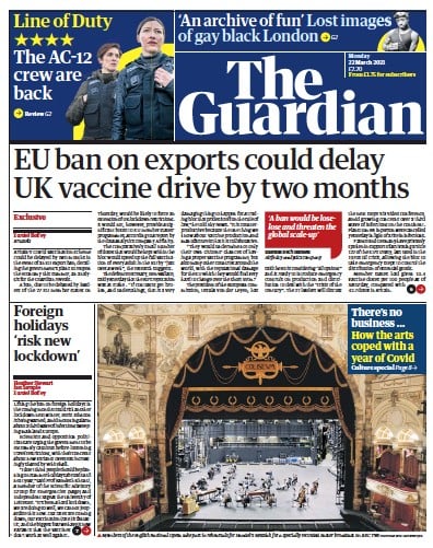 The Guardian (UK) Newspaper Front Page for 22 March 2021